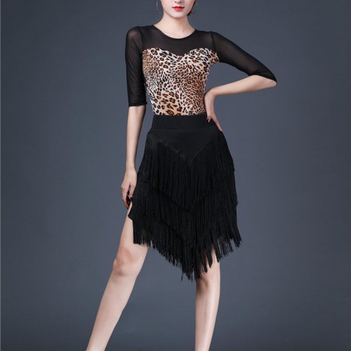 Women black leopard Latin dance costumes female fringed latin skirt long-sleeved top suit competition dance performance costume